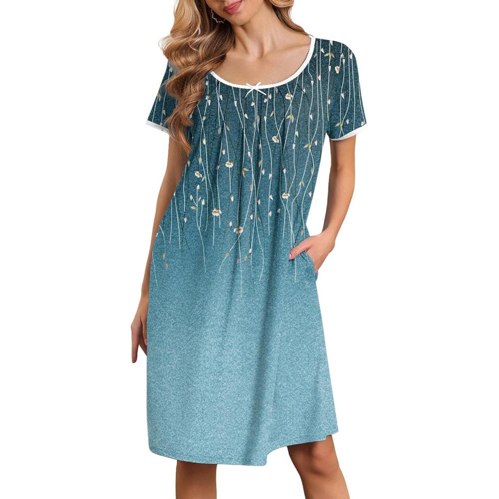imageEkouaer Nightgowns for Women Short Sleeve Moo Moos Ladies House Dress with Pockets Pleated Sleepshirts Soft SleepwearBluegreen Vines