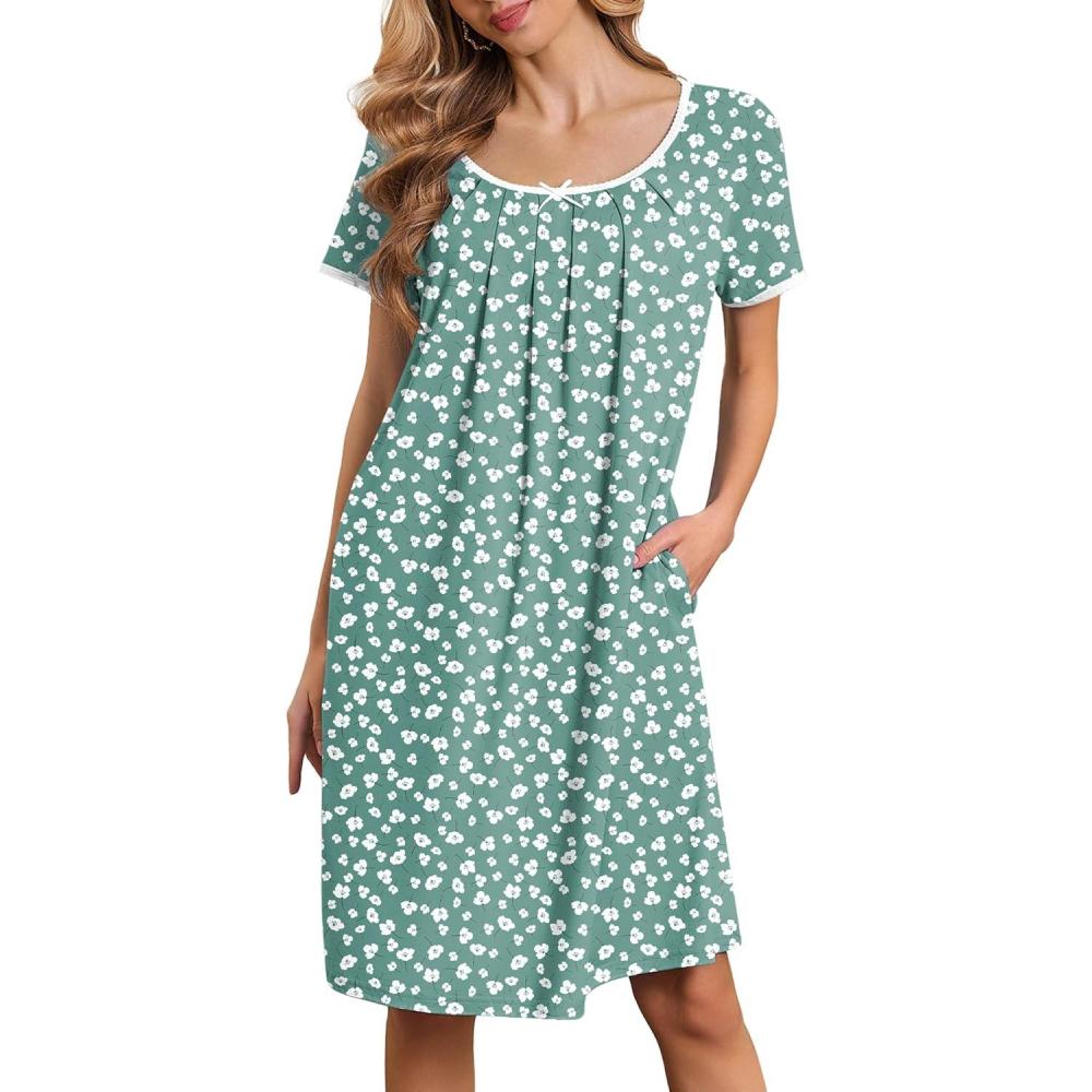 imageEkouaer Nightgowns for Women Short Sleeve Moo Moos Ladies House Dress with Pockets Pleated Sleepshirts Soft SleepwearGreen Flower