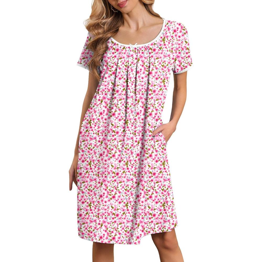 imageEkouaer Nightgowns for Women Short Sleeve Moo Moos Ladies House Dress with Pockets Pleated Sleepshirts Soft SleepwearPink Floral