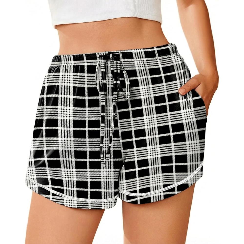 imageEkouaer Pajama Shorts for Women 2026 Soft Sleep Shorts Casual Lounge Bottoms Comfy Pj Bottoms with PocketsBlack Plaid