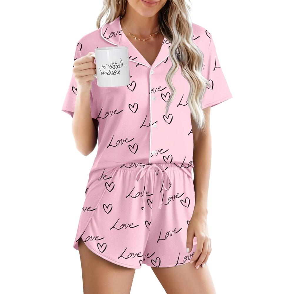 imageEkouaer Pajamas for Women Set Button Up Sleepwear 2 Piece Pjs Lounge Set Short Sleeve NightwearHeart