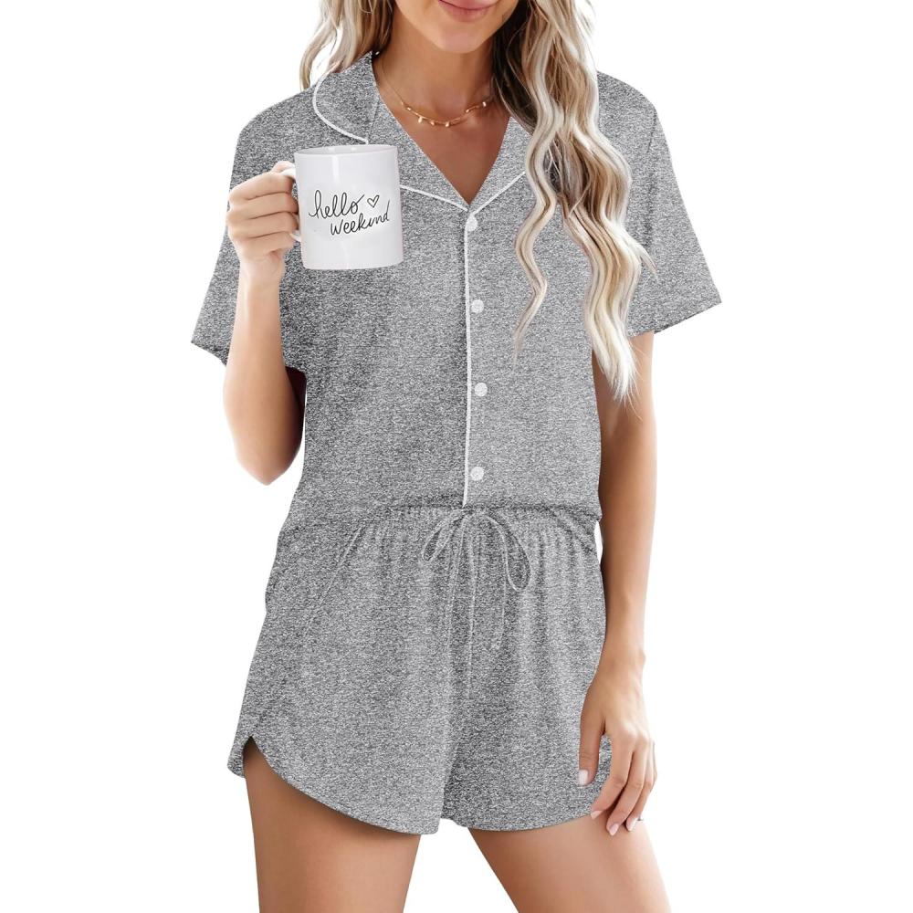 imageEkouaer Pajamas for Women Set Button Up Sleepwear 2 Piece Pjs Lounge Set Short Sleeve NightwearLight Gray