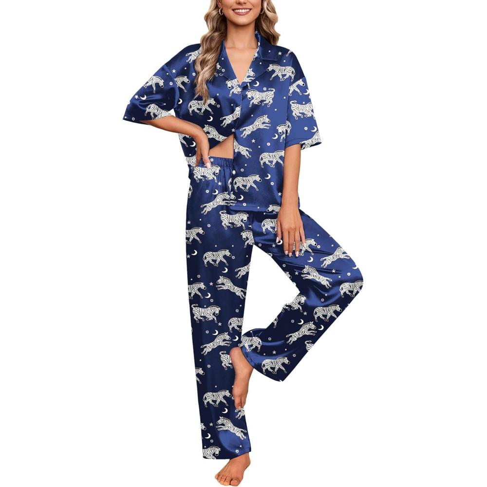imageEkouaer Silk Satin Pajamas Set Women Short Sleeve Pj Sets Button Down Sleepwear 2 Piece Soft Loungewear SXXLNavy Zebrab