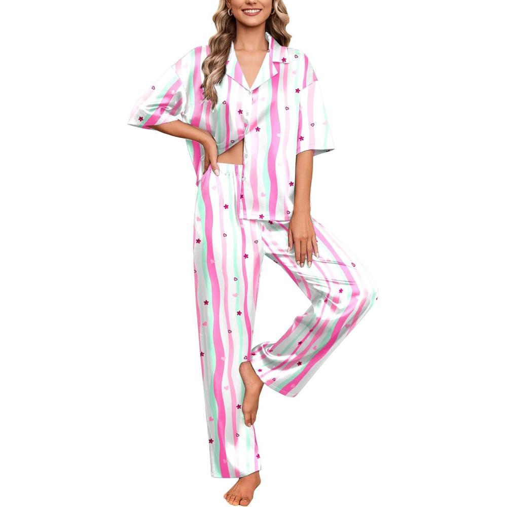 imageEkouaer Silk Satin Pajamas Set Women Short Sleeve Pj Sets Button Down Sleepwear 2 Piece Soft Loungewear SXXLPink Stripes