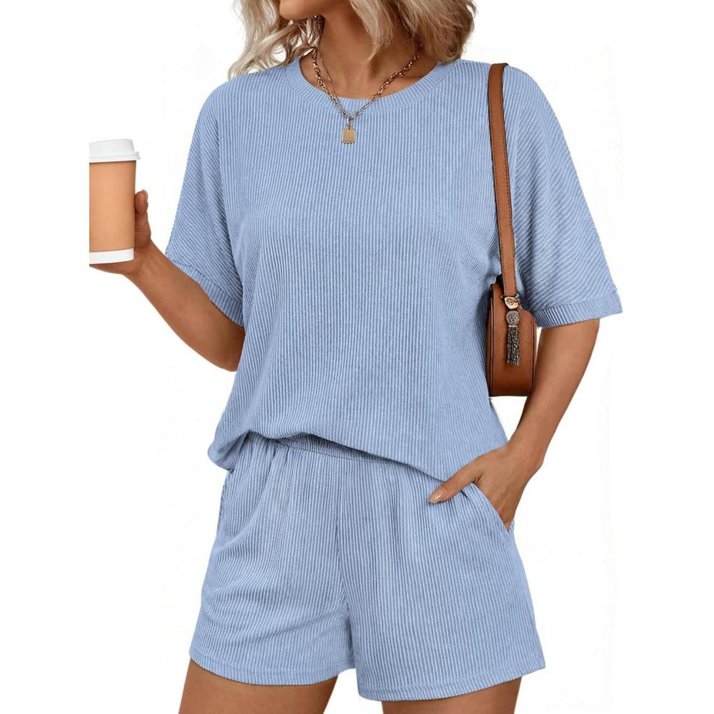 imageEkouaer Women 2 Piece Lounge Set 2026 Summer Cruise Outfits Ribbed Loose Short Sleeve Matching Sets with pocketBaby Blue