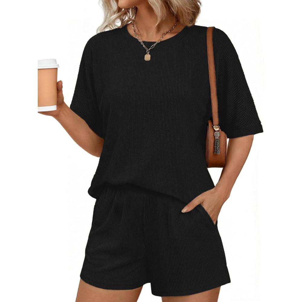 imageEkouaer Women 2 Piece Lounge Set 2026 Summer Cruise Outfits Ribbed Loose Short Sleeve Matching Sets with pocketBlack