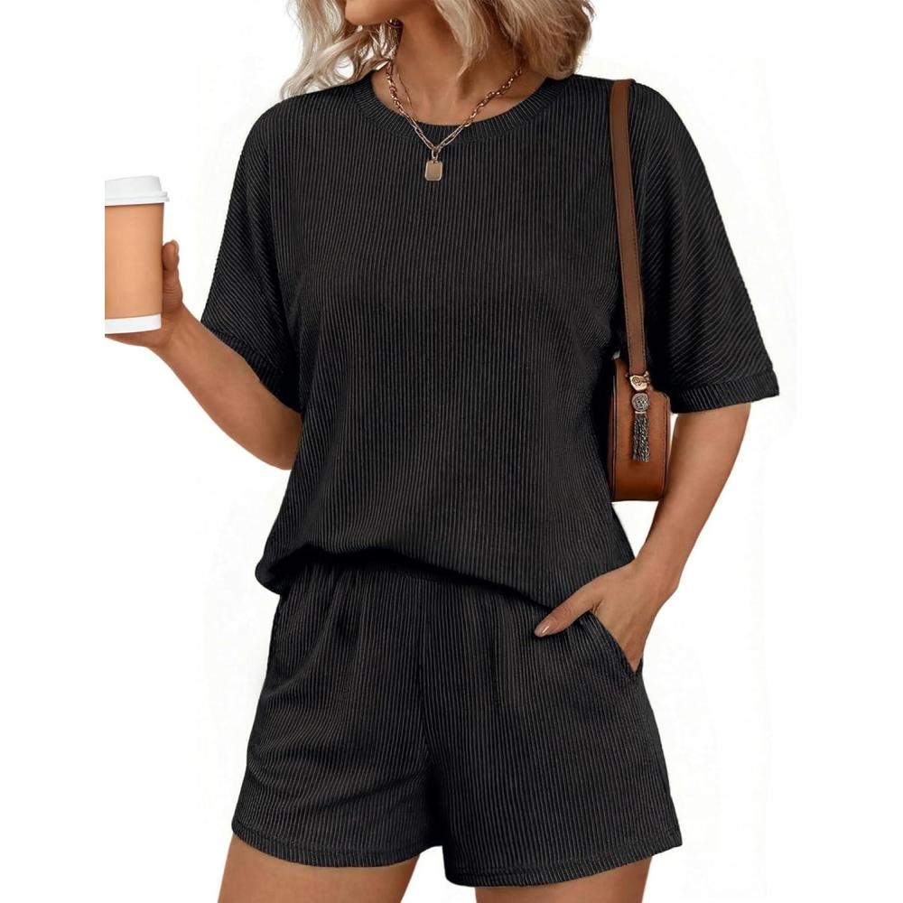 imageEkouaer Women 2 Piece Lounge Set 2026 Summer Cruise Outfits Ribbed Loose Short Sleeve Matching Sets with pocketDark Gray