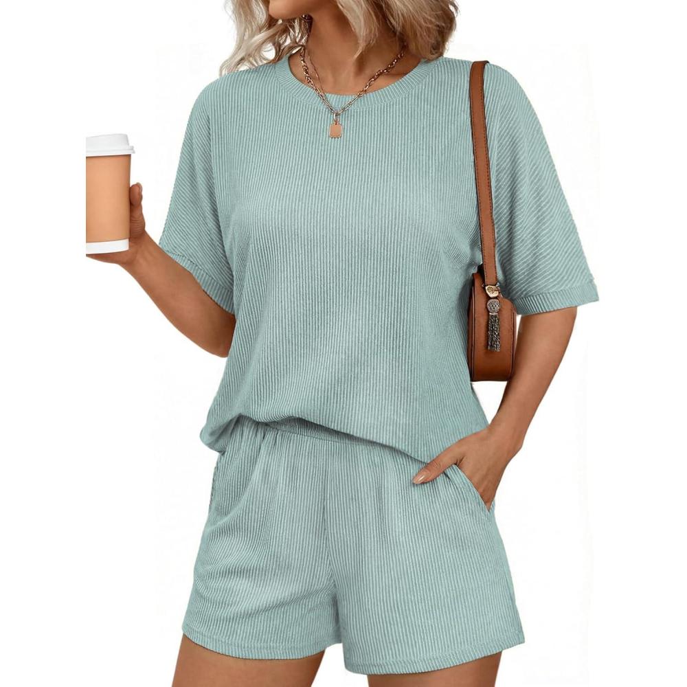 imageEkouaer Women 2 Piece Lounge Set 2026 Summer Cruise Outfits Ribbed Loose Short Sleeve Matching Sets with pocketGlacial Green