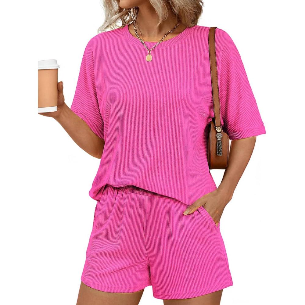 imageEkouaer Women 2 Piece Lounge Set 2026 Summer Cruise Outfits Ribbed Loose Short Sleeve Matching Sets with pocketHot Pink