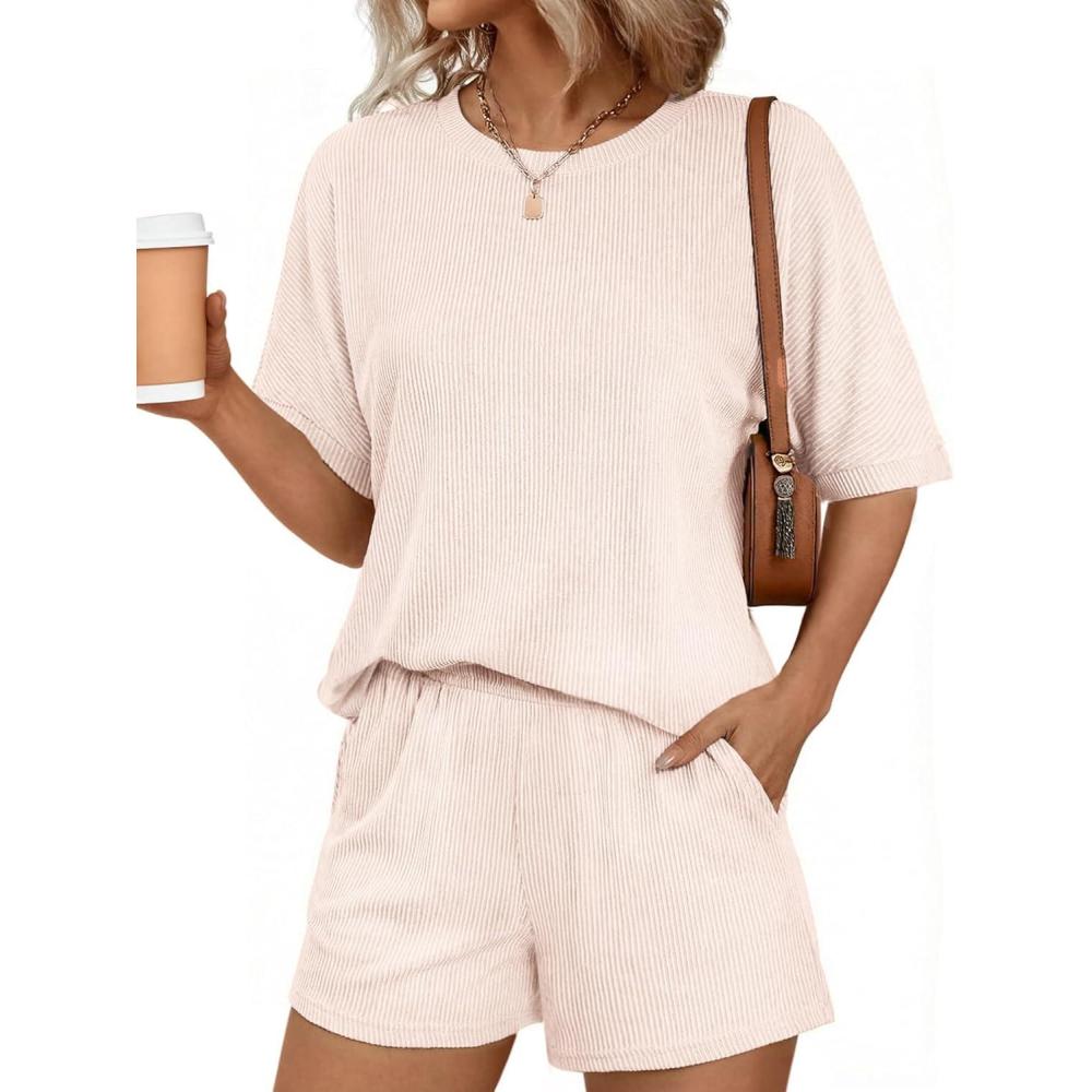 imageEkouaer Women 2 Piece Lounge Set 2026 Summer Cruise Outfits Ribbed Loose Short Sleeve Matching Sets with pocketLight Khaki