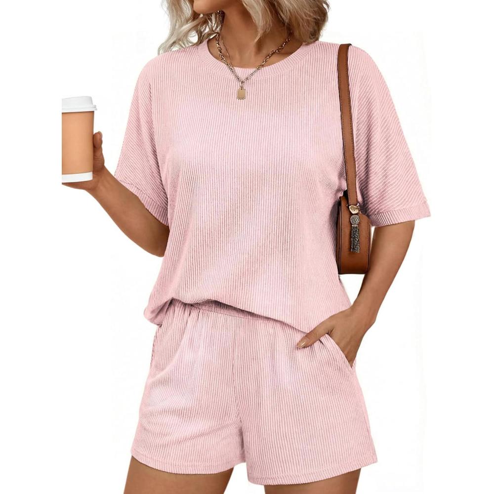 imageEkouaer Women 2 Piece Lounge Set 2026 Summer Cruise Outfits Ribbed Loose Short Sleeve Matching Sets with pocketLight Pink