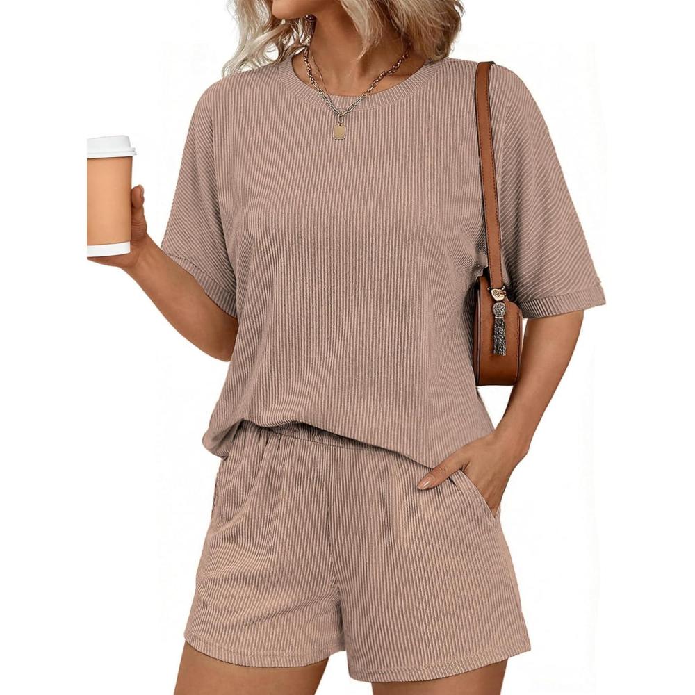 imageEkouaer Women 2 Piece Lounge Set 2026 Summer Cruise Outfits Ribbed Loose Short Sleeve Matching Sets with pocketRosy Brown