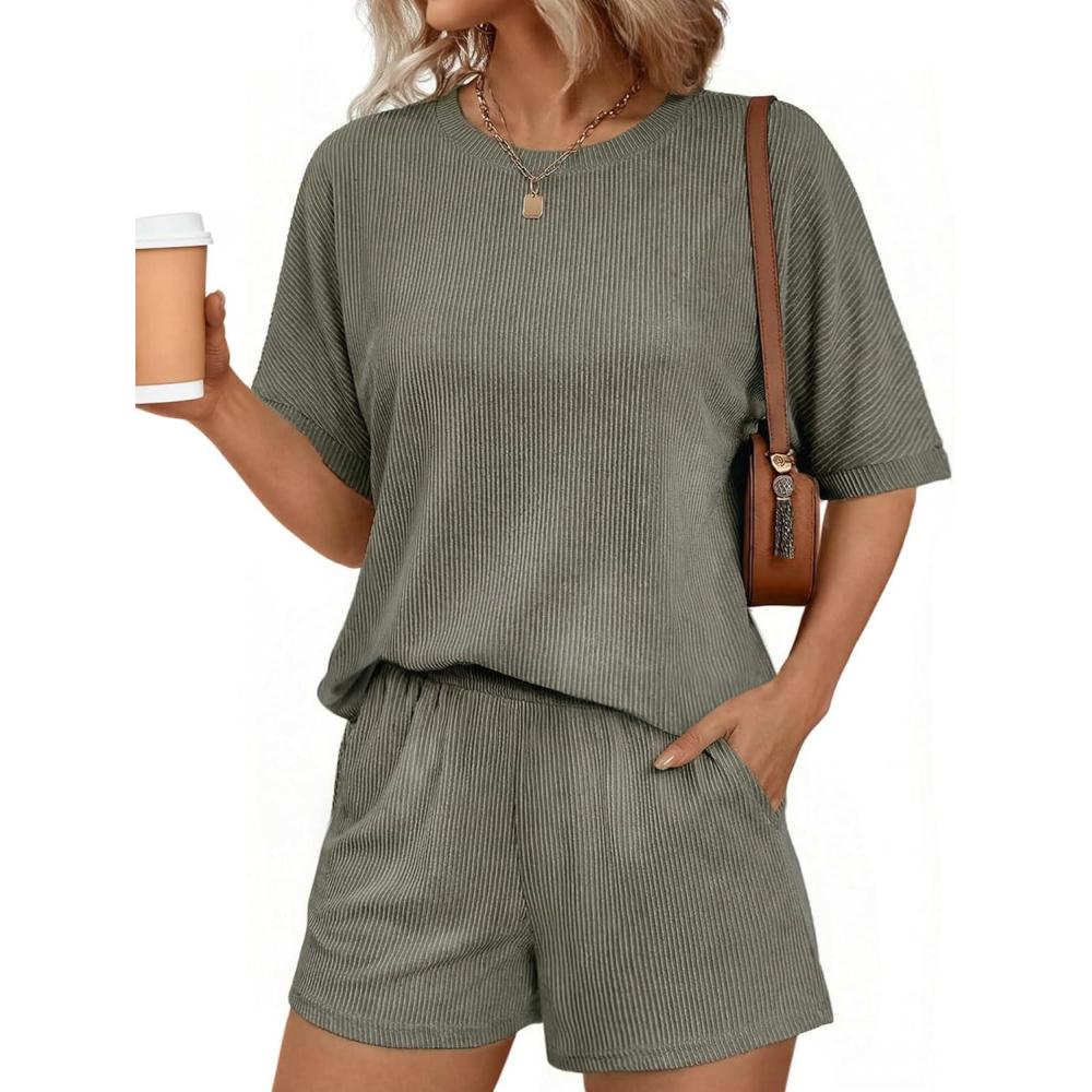 imageEkouaer Women 2 Piece Lounge Set 2026 Summer Cruise Outfits Ribbed Loose Short Sleeve Matching Sets with pocketTaupe Gray