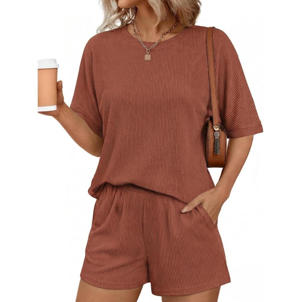 imageEkouaer Women 2 Piece Lounge Set 2026 Summer Cruise Outfits Ribbed Loose Short Sleeve Matching Sets with pocketTerracotta