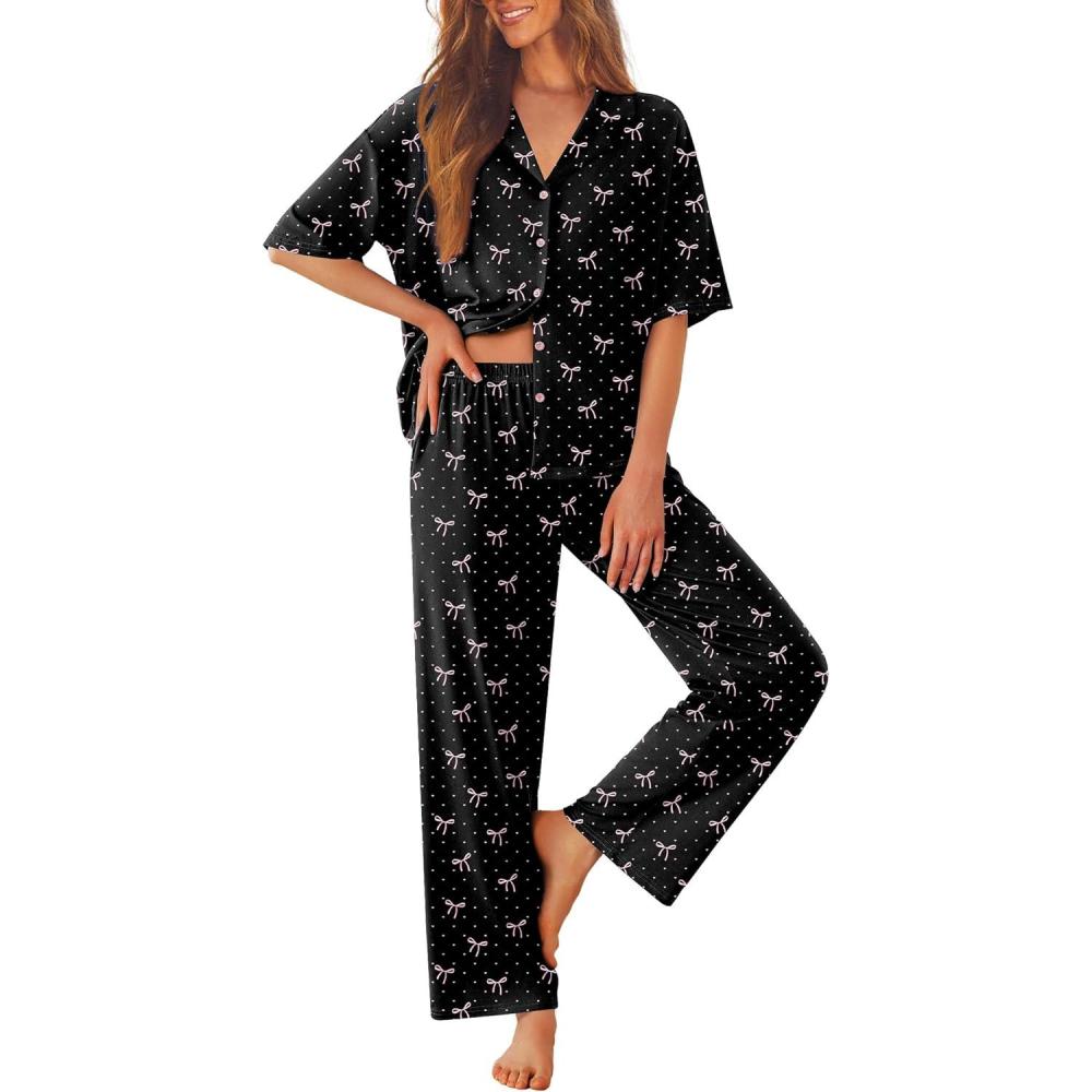 imageEkouaer Women Pajamas Set Button Down Sleepwear Short Sleeve Pjs Soft Comfy Nightwear with Long Pants SXXLBlack Pink Bow