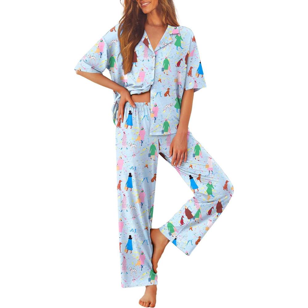 imageEkouaer Women Pajamas Set Button Down Sleepwear Short Sleeve Pjs Soft Comfy Nightwear with Long Pants SXXLCity Walk