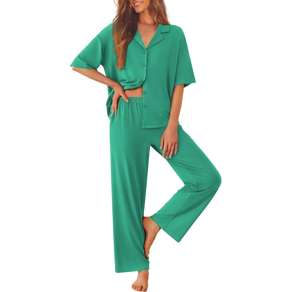 imageEkouaer Women Pajamas Set Button Down Sleepwear Short Sleeve Pjs Soft Comfy Nightwear with Long Pants SXXLGray Green