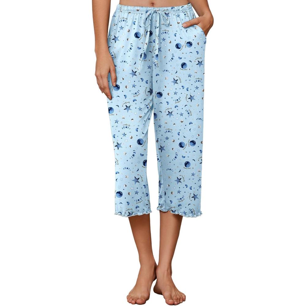 imageEkouaer Womens Capri Pajama Pants 2026 Wide Leg Lounge Sleep Pants Soft Comfy Drawstring Pj Bottoms with PocketsBlue Moon