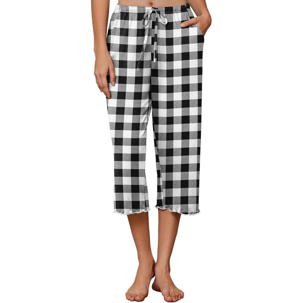 imageEkouaer Womens Capri Pajama Pants 2026 Wide Leg Lounge Sleep Pants Soft Comfy Drawstring Pj Bottoms with PocketsCheckered