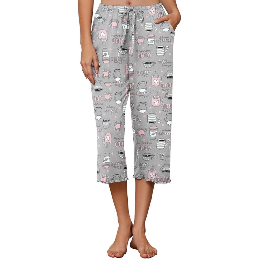imageEkouaer Womens Capri Pajama Pants 2026 Wide Leg Lounge Sleep Pants Soft Comfy Drawstring Pj Bottoms with PocketsGrey Pink