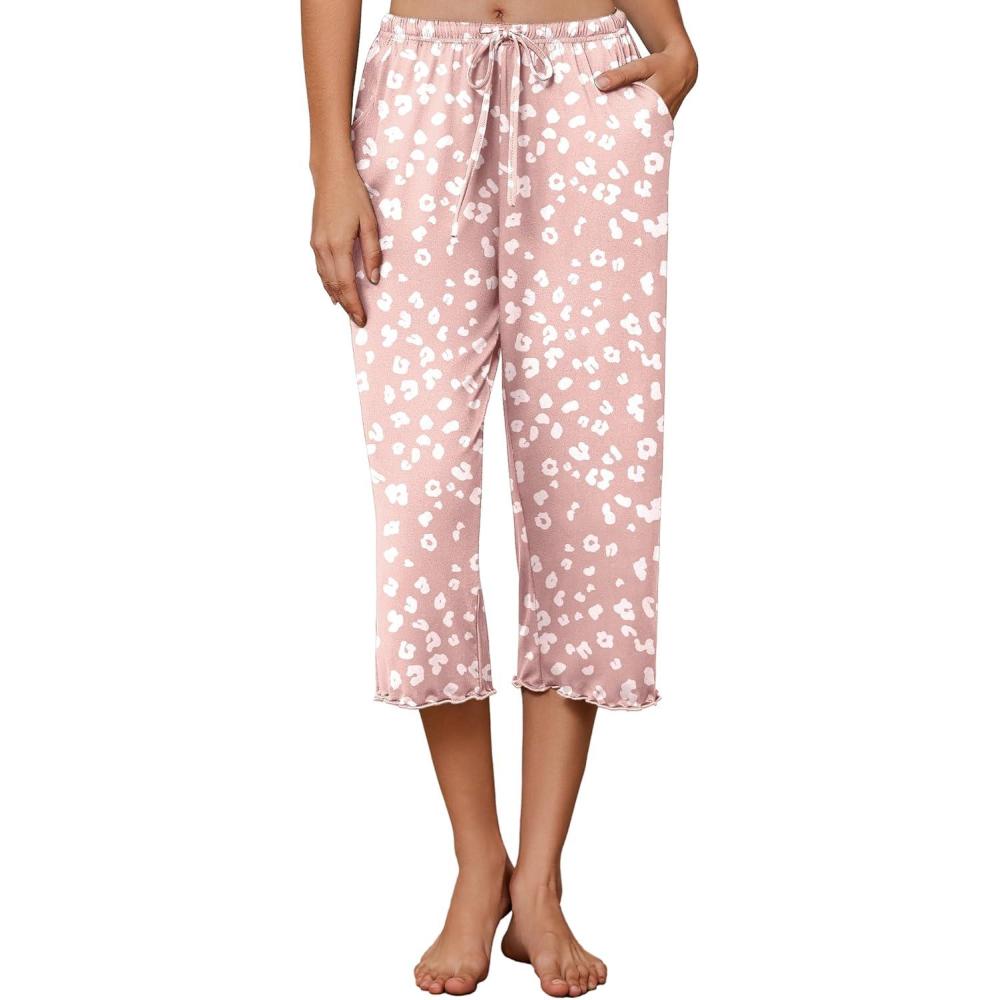 imageEkouaer Womens Capri Pajama Pants 2026 Wide Leg Lounge Sleep Pants Soft Comfy Drawstring Pj Bottoms with PocketsPink Leopard