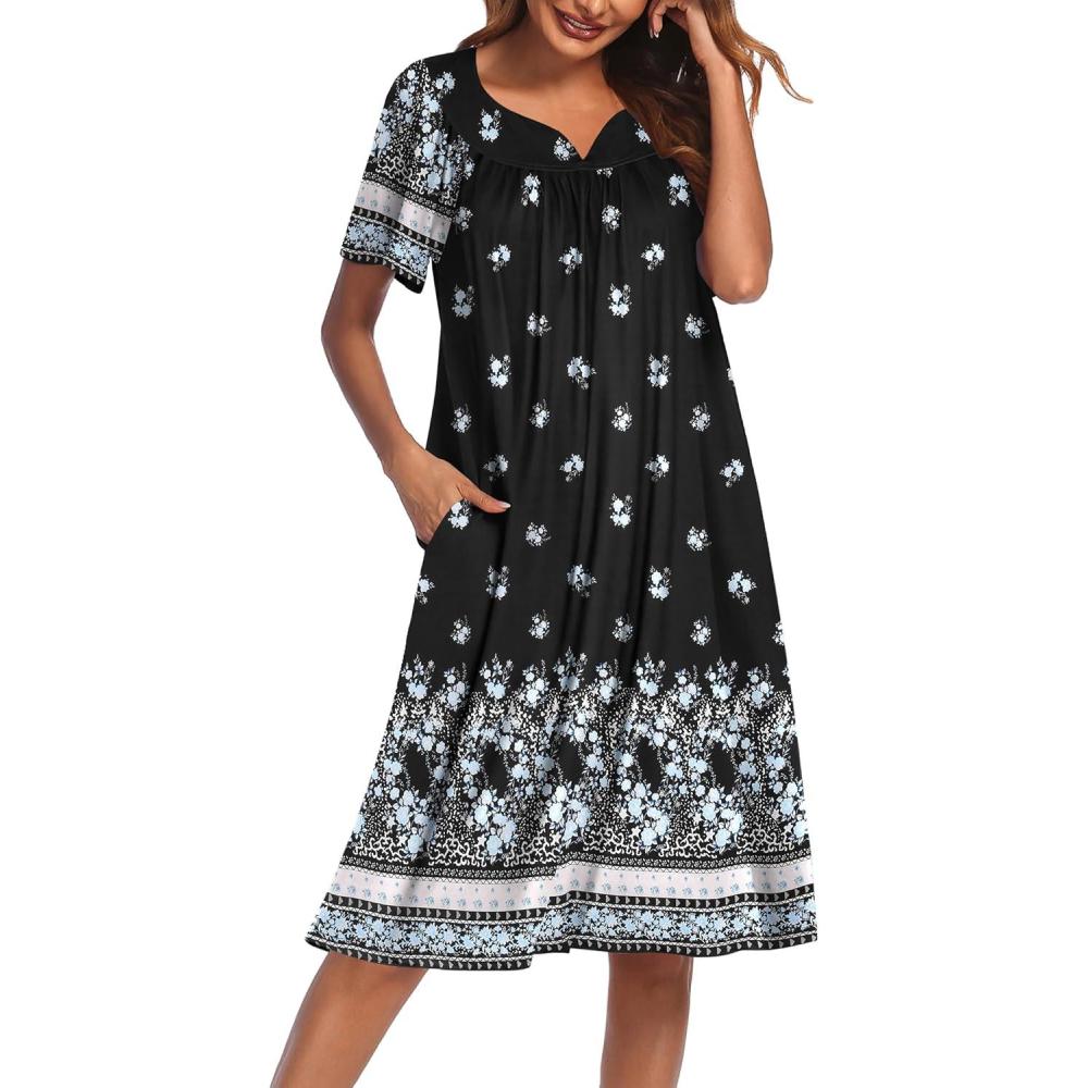 imageEkouaer Womens House Dress with PocketsBlack Blue Floral
