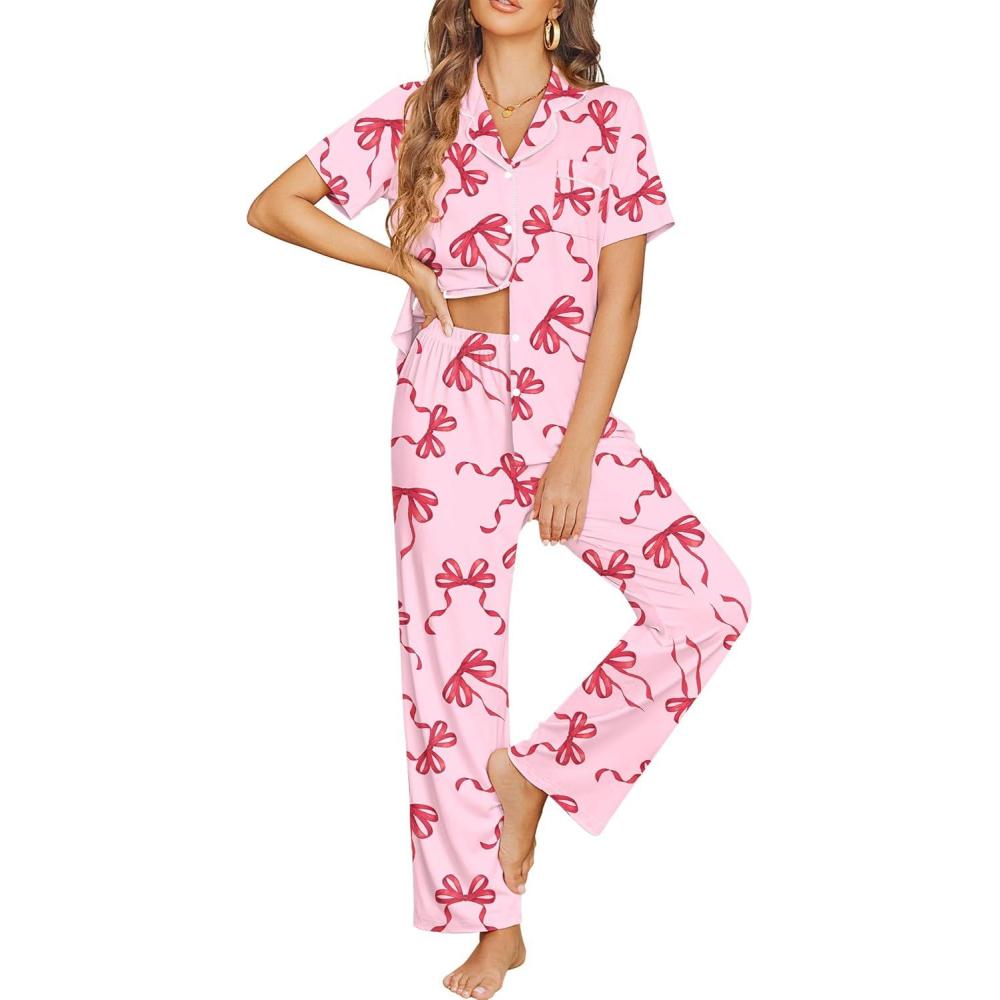 imageEkouaer Womens Pajama Sets Button Down Pjs Lounge Sets 2 Piece Short Sleeve Sleepwear Soft Comfy LoungewearBow