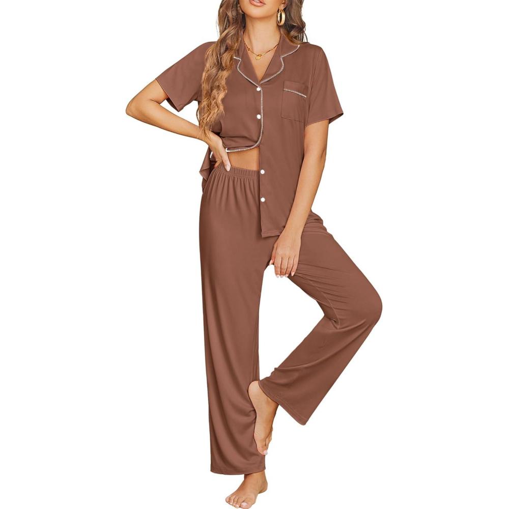 imageEkouaer Womens Pajama Sets Button Down Pjs Lounge Sets 2 Piece Short Sleeve Sleepwear Soft Comfy LoungewearBrown