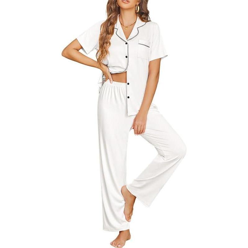 imageEkouaer Womens Pajama Sets Button Down Pjs Lounge Sets 2 Piece Short Sleeve Sleepwear Soft Comfy LoungewearWhite