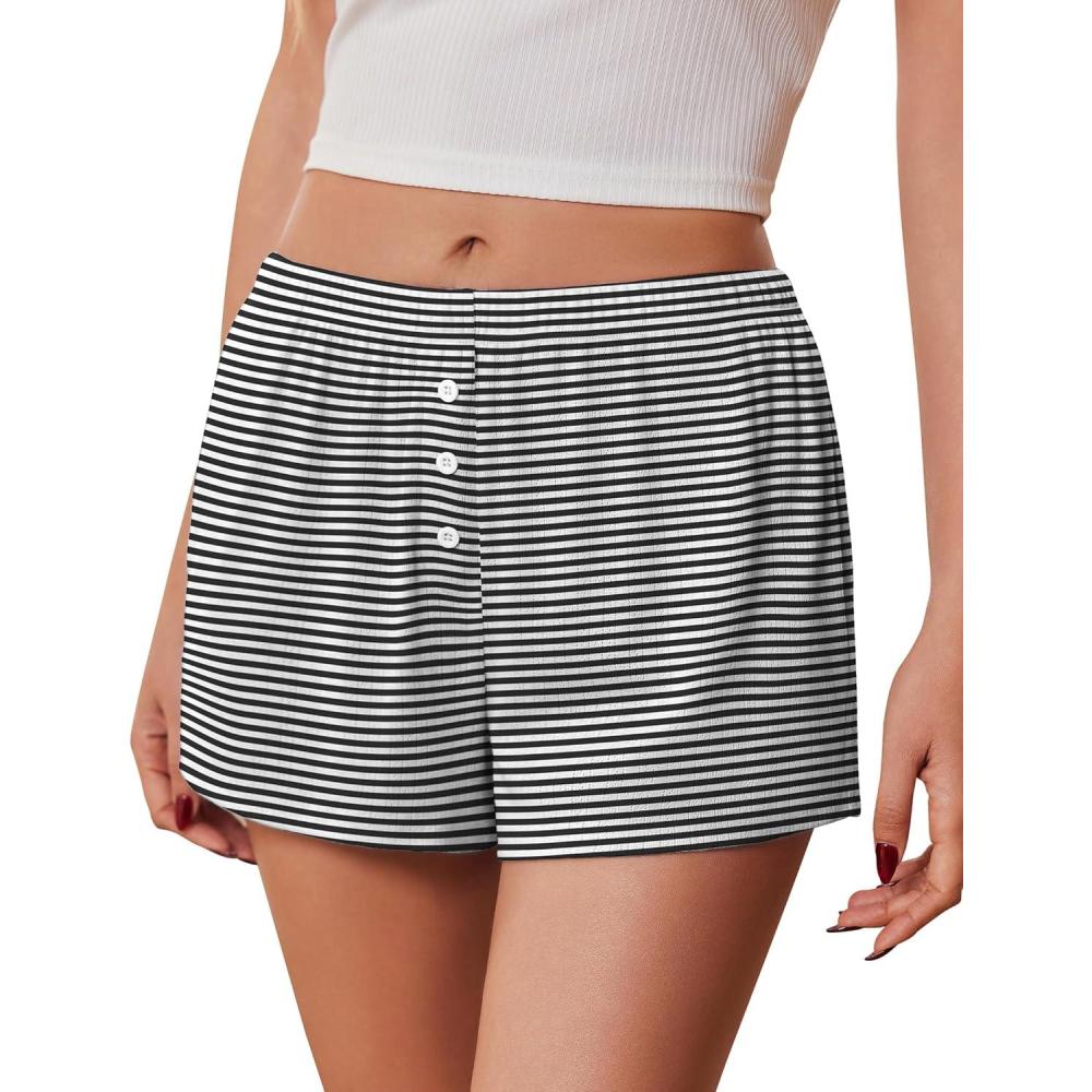 imageEkouaer Womens Pajama Short Sleep Short 2026 Fashion Summer Y2k Casual Lounge Short Cute Micro Mini Pj Bottoms with PocketsBlack White Stripe