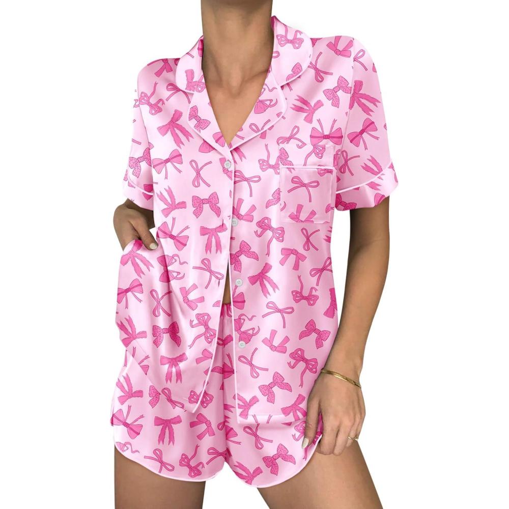 imageEkouaer Womens Silk Satin Pajama Sets 2 Piece Button Down Silk Pjs Shorts Sets Cute Print Short Sleeve Sleepwear S4XLBow Print