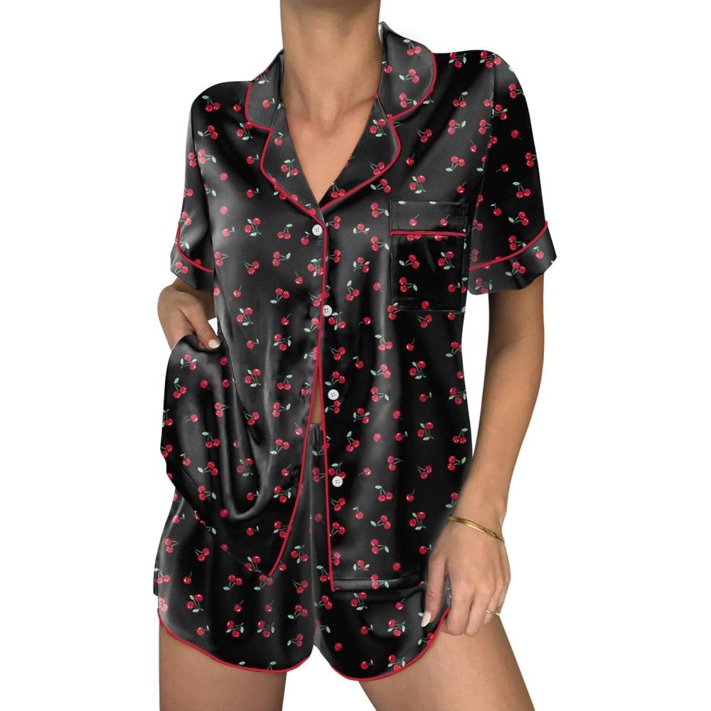 imageEkouaer Womens Silk Satin Pajama Sets 2 Piece Button Down Silk Pjs Shorts Sets Cute Print Short Sleeve Sleepwear S4XLCherry Print