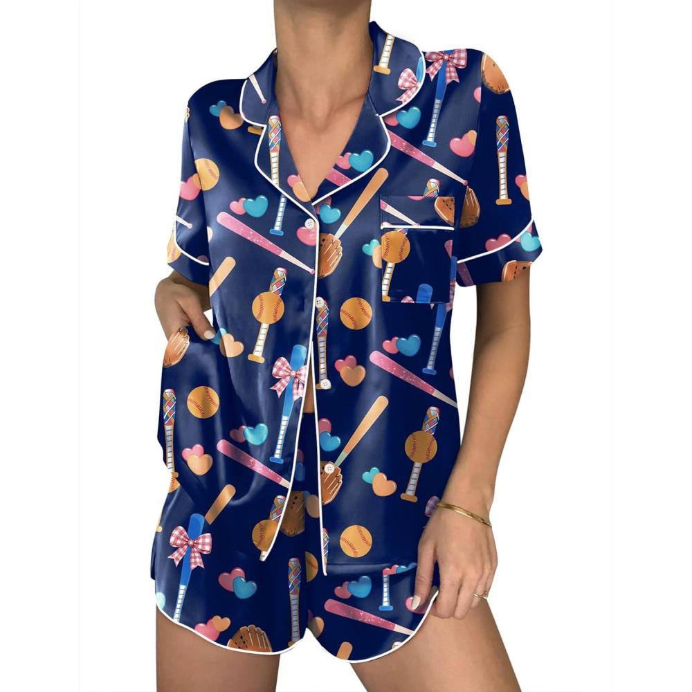 imageEkouaer Womens Silk Satin Pajama Sets 2 Piece Button Down Silk Pjs Shorts Sets Cute Print Short Sleeve Sleepwear S4XLDark Blue Baseball Print