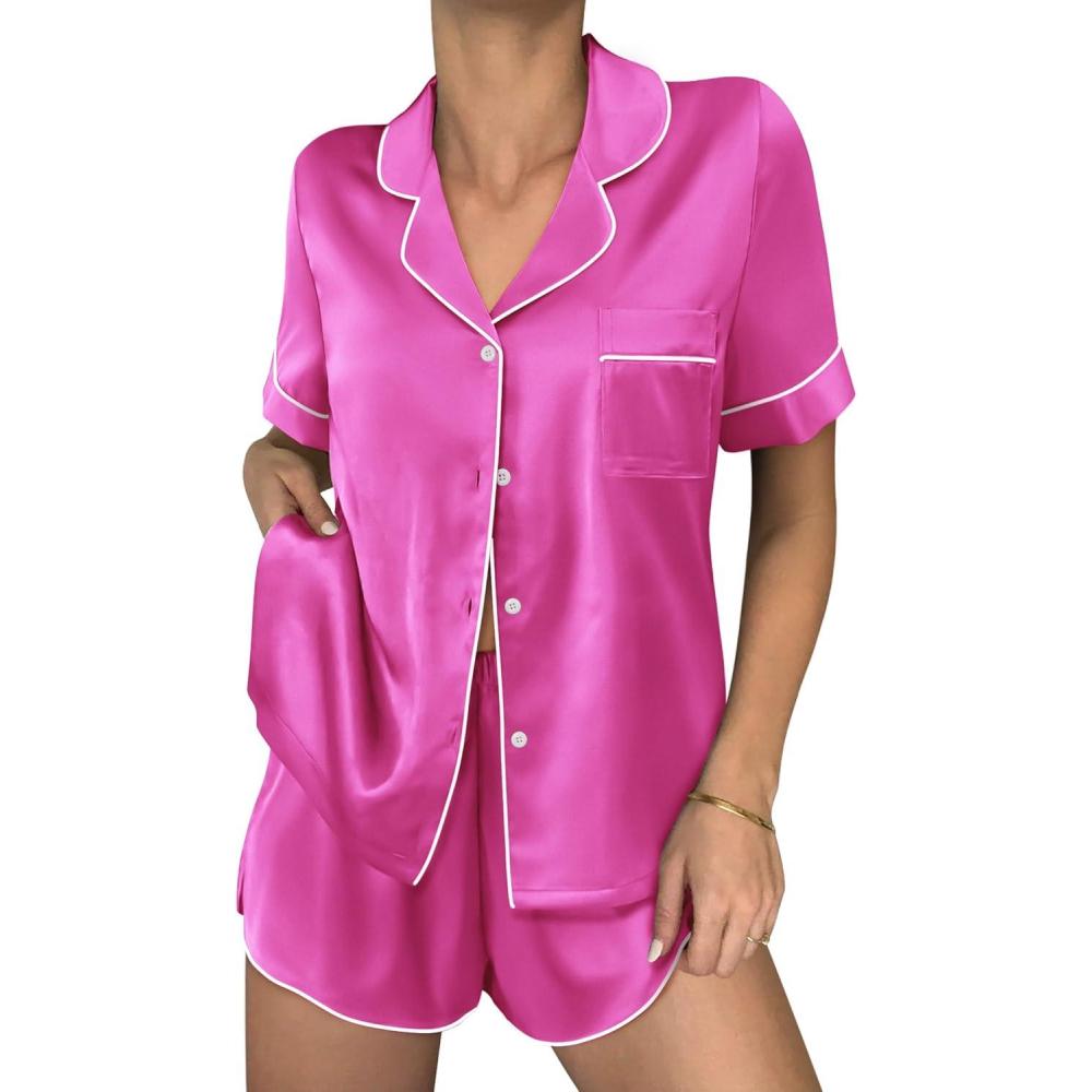 imageEkouaer Womens Silk Satin Pajama Sets 2 Piece Button Down Silk Pjs Shorts Sets Cute Print Short Sleeve Sleepwear S4XLRose Red