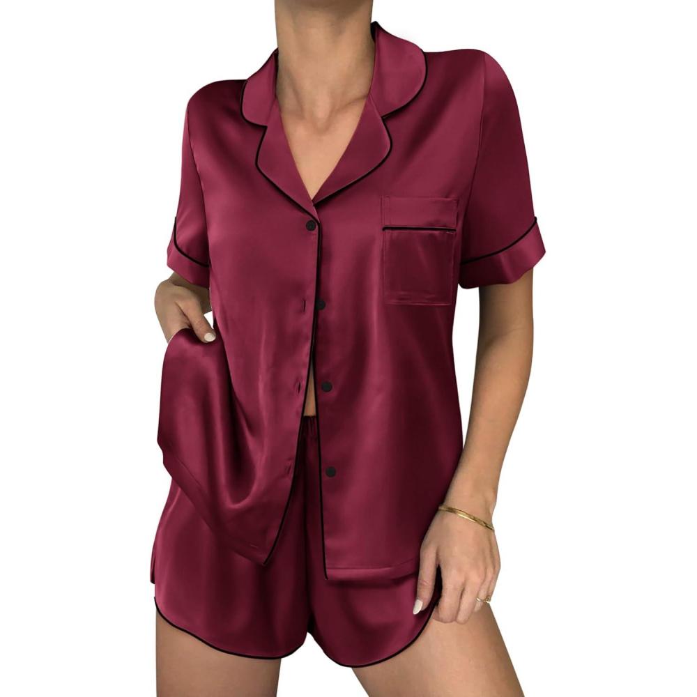 imageEkouaer Womens Silk Satin Pajama Sets 2 Piece Button Down Silk Pjs Shorts Sets Cute Print Short Sleeve Sleepwear S4XLWine Red