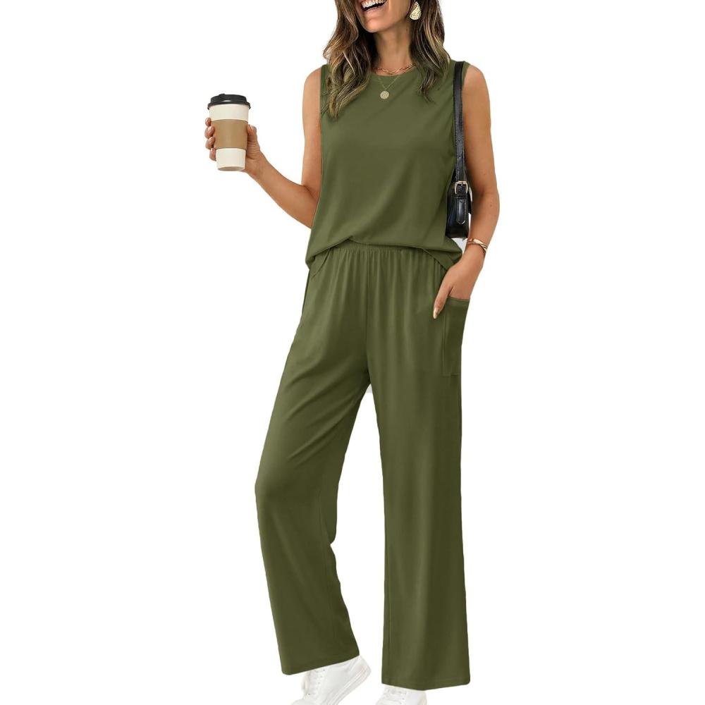 imageEkouaer Womens Two Piece Sets Summer Sleeveless Lounge Sets Matching Pants Airport Travel OutfitsArmy Green
