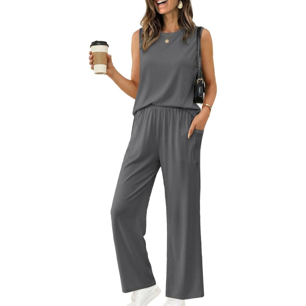 imageEkouaer Womens Two Piece Sets Summer Sleeveless Lounge Sets Matching Pants Airport Travel OutfitsDark Gray