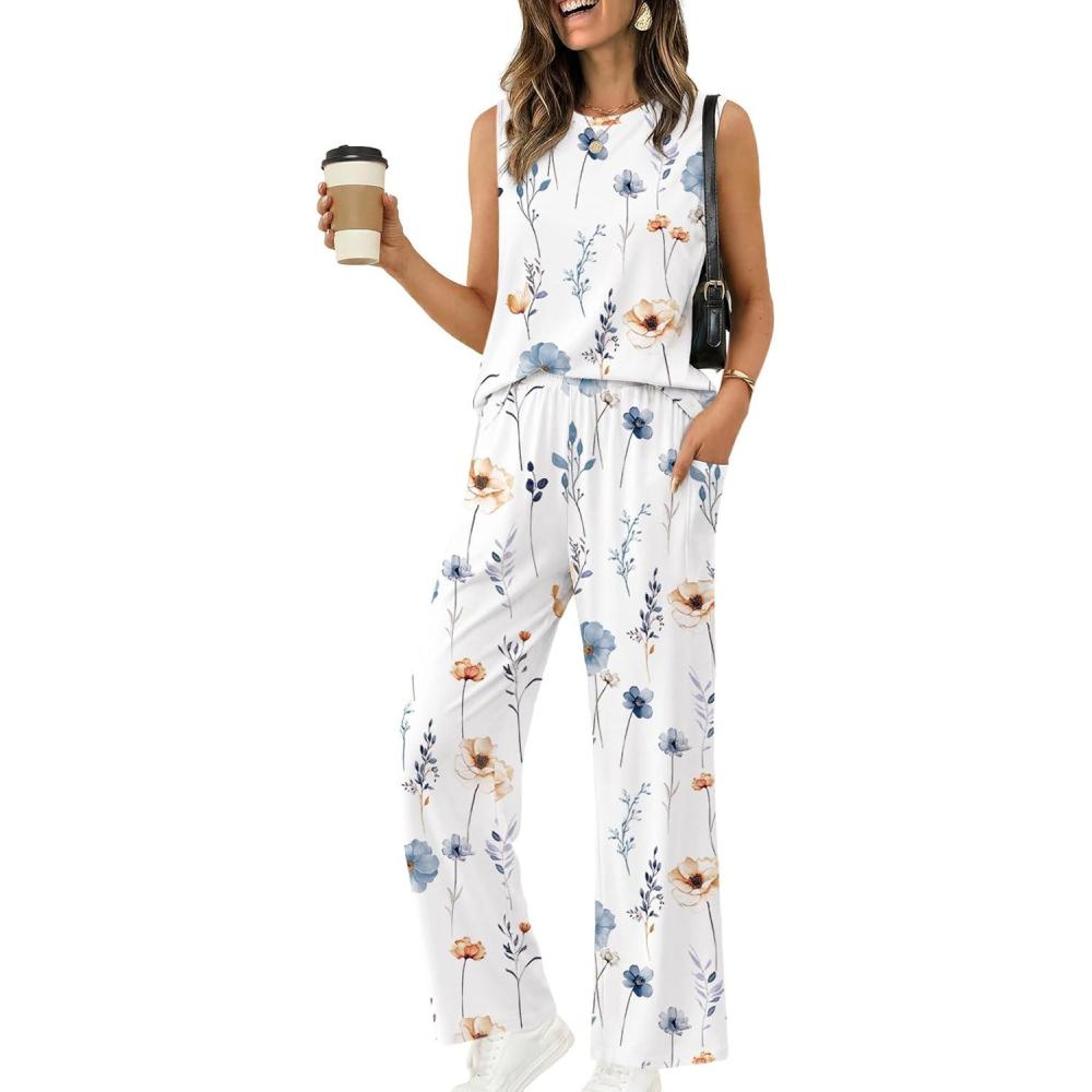 imageEkouaer Womens Two Piece Sets Summer Sleeveless Lounge Sets Matching Pants Airport Travel OutfitsFloral White