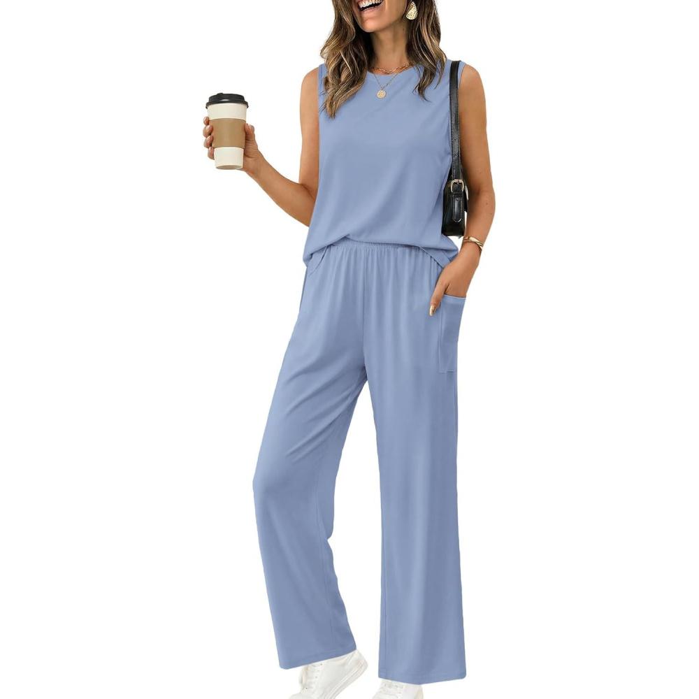 imageEkouaer Womens Two Piece Sets Summer Sleeveless Lounge Sets Matching Pants Airport Travel OutfitsGray Blue