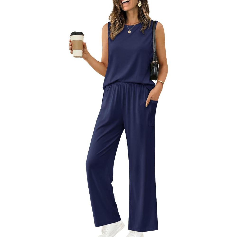 imageEkouaer Womens Two Piece Sets Summer Sleeveless Lounge Sets Matching Pants Airport Travel OutfitsNavy Blue