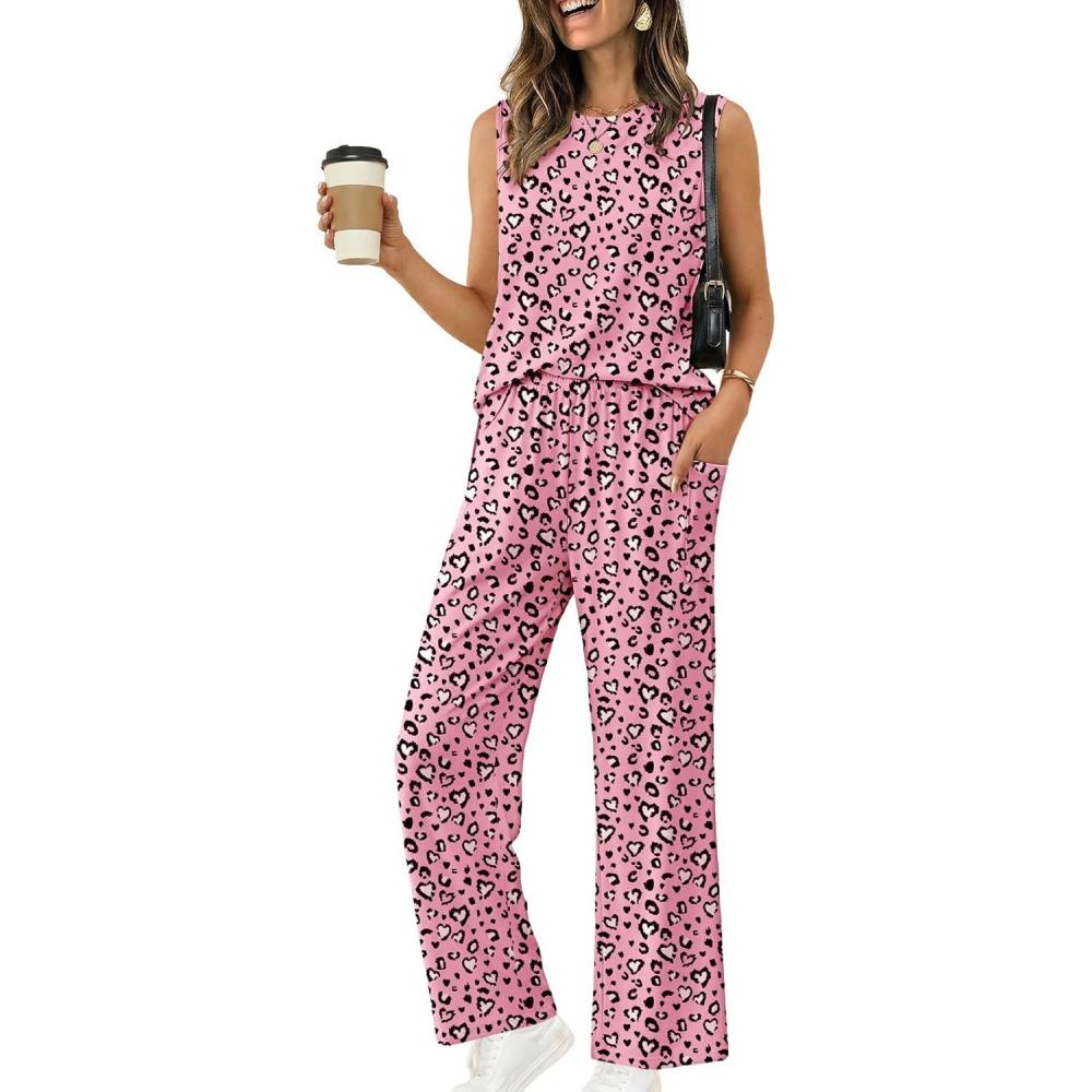 imageEkouaer Womens Two Piece Sets Summer Sleeveless Lounge Sets Matching Pants Airport Travel OutfitsPink Leopard