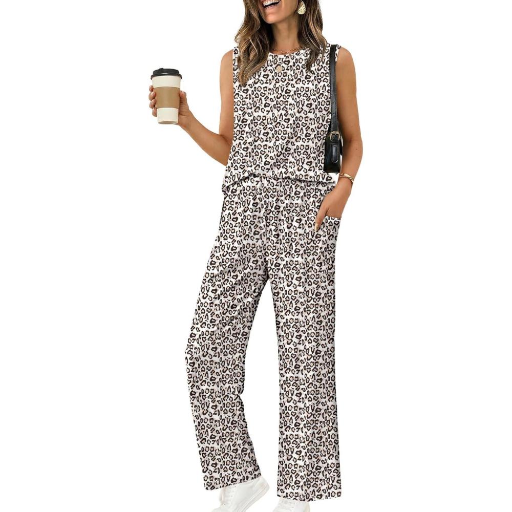 imageEkouaer Womens Two Piece Sets Summer Sleeveless Lounge Sets Matching Pants Airport Travel OutfitsWhite Leopard