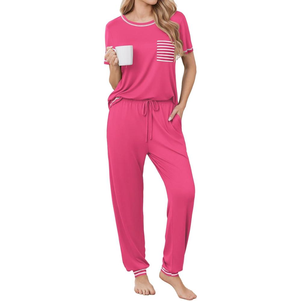 imageEkouaer womens pajama sets Short Sleeve Pjs Lounge Set 2 Piece Sleepwear with Long PantsHot Pink