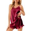 Ekouaer Satin Pajamas for Women Silky Lingerie Lace Camisole and Ruffle Shorts Set 2 Piece Nightwear S-XXL(Red)