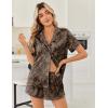 Ekouaer Womens Silk Satin Pajama Sets 2 Piece Button Down Silk Pjs Shorts Sets Cute Print Short Sleeve Sleepwear S-4XL(Brown Leaf Print)