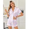 Ekouaer Womens Silk Satin Pajama Sets 2 Piece Button Down Silk Pjs Shorts Sets Cute Print Short Sleeve Sleepwear S-4XL(Lilac Flower Leave)