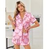 Ekouaer Womens Silk Satin Pajama Sets 2 Piece Button Down Silk Pjs Shorts Sets Cute Print Short Sleeve Sleepwear S-4XL(Pink With Red Bow)