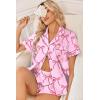 Ekouaer Womens Silk Satin Pajama Sets 2 Piece Button Down Silk Pjs Shorts Sets Cute Print Short Sleeve Sleepwear S-4XL(Pink With Red Bow)