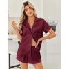 Ekouaer Womens Silk Satin Pajama Sets 2 Piece Button Down Silk Pjs Shorts Sets Cute Print Short Sleeve Sleepwear S-4XL(Wine Red)