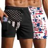 Ekouaer 2 Pack Men’s Swim Trunks 5″ with Compression Liner 2 in 1 Board Shorts Quick Dry Bathing Suit Swimwear Zipper Pocket(American Flag/Black American Flag)